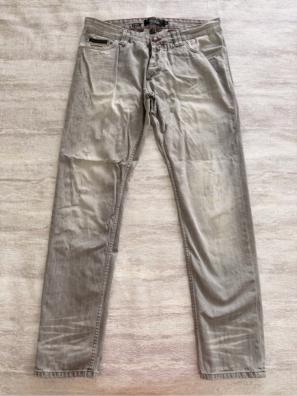 Philipp Plein Men Light Gray Denim Jeans Indian Cowboy Size 36 Straight Cut
